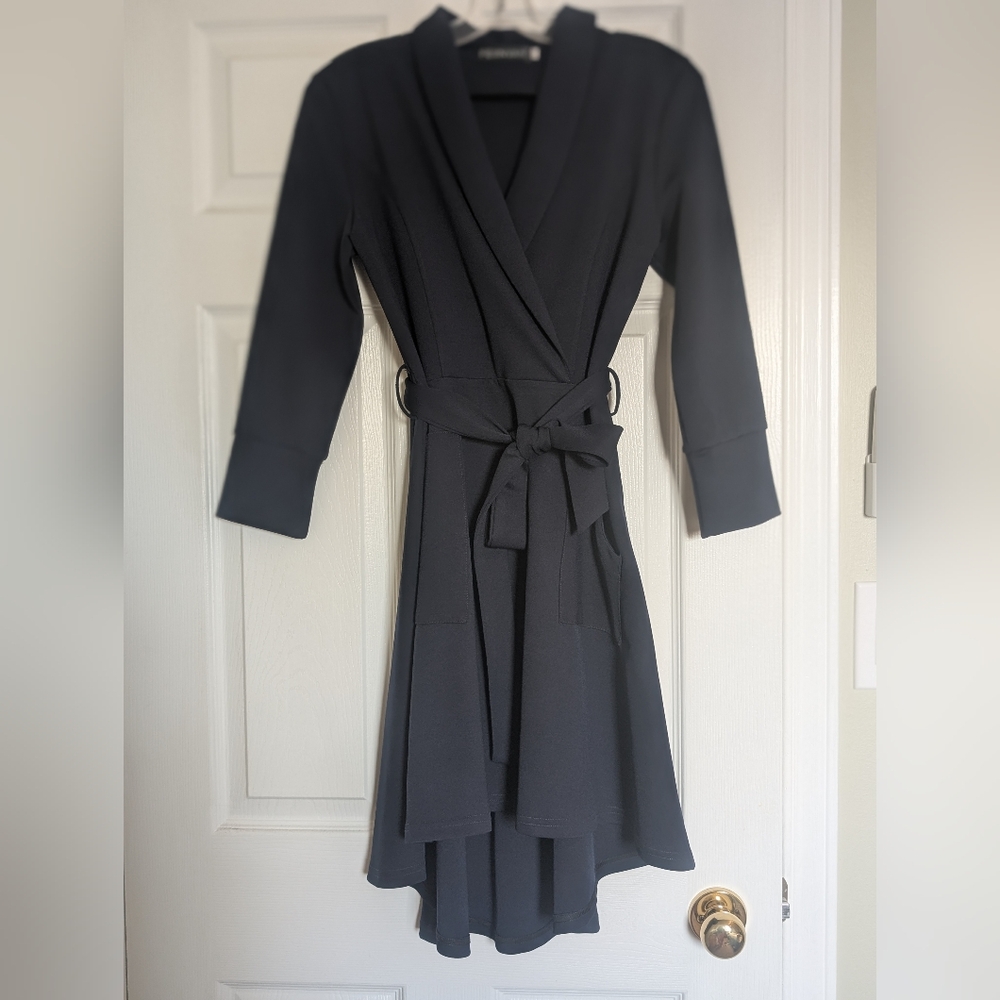 Feiinvan High Low Navy Blue Faux Wrap Dress With Tie Belt And Pockets